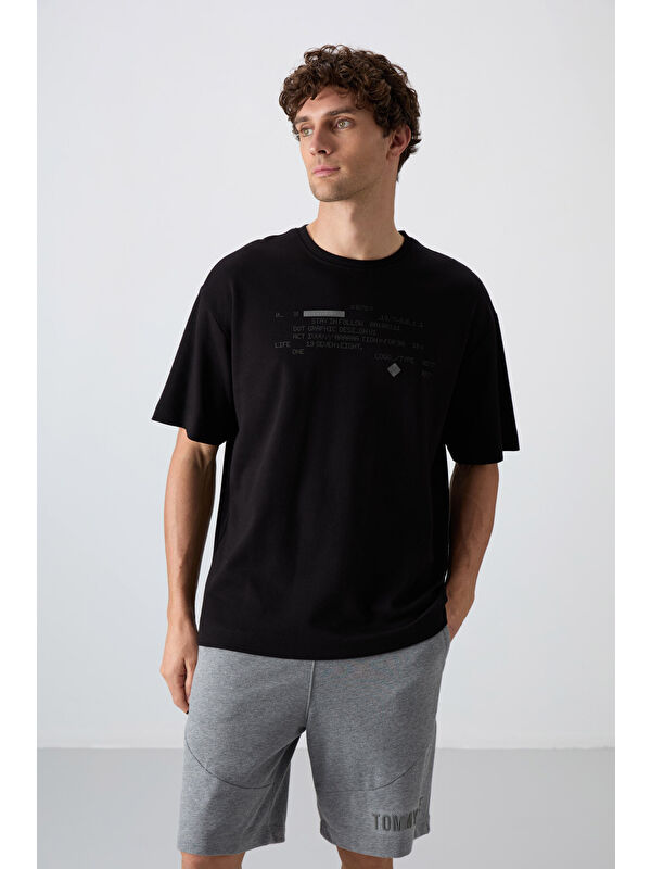 Tommylife Siyah Pamuklu Kalın Yumuşak Dokulu Oversize Fit Baskılı Erkek Tişört - 88326