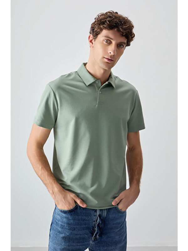 Air Jones Açık Yeşil Pamuklu Kalın Yumuşak Dokulu Polo Yaka Oversize Fit Basic Erkek Tişört - 88381