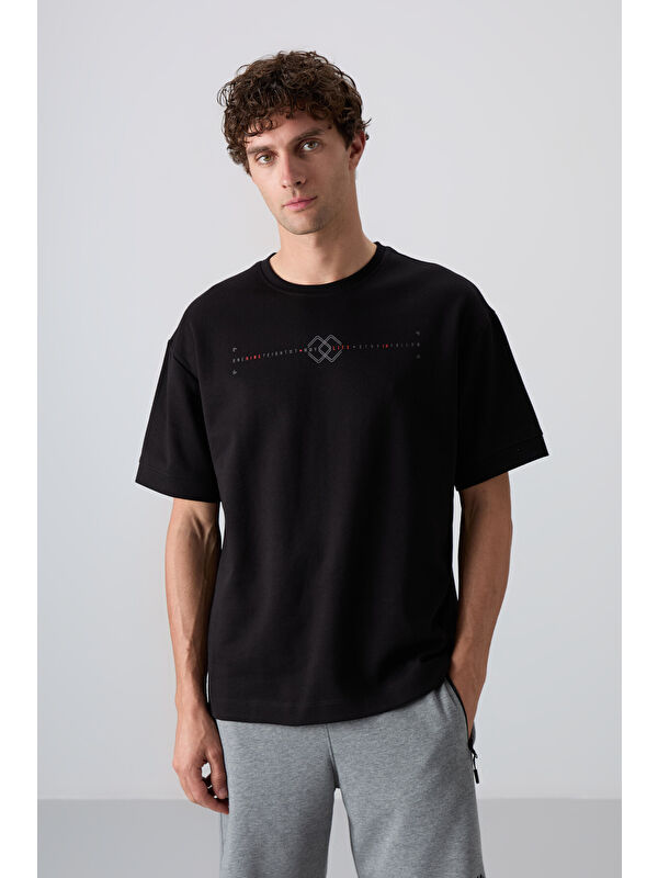 Tommylife Siyah Pamuklu Kalın Yumuşak Dokulu Oversize Fit Baskılı Erkek Tişört - 88323