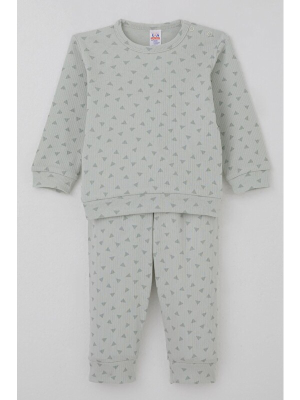 Breeze Erkek Bebek Pijama Takımı Omuzdan Patlı Minik Üçgenler Desenli Su Yeşili (4 Ay-1 Yaş)