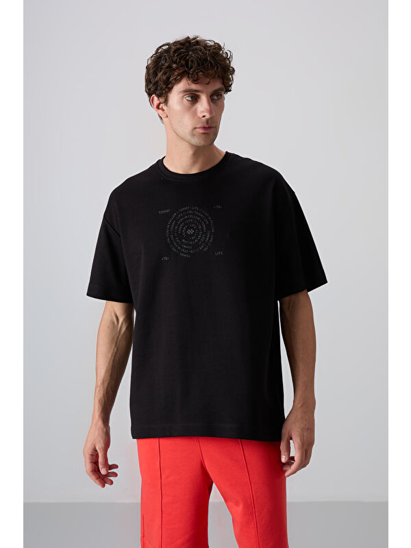 Tommylife Siyah Pamuklu Kalın Yumuşak Dokulu Oversize Fit Baskılı Erkek Tişört - 88324