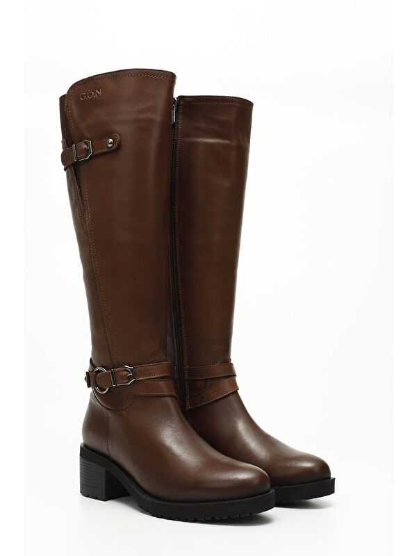 KAHVERENGİ Hakiki Deri Yuvarlak Burun Kauçuk Taban Topuklu Fermuarlı Tokalı Kadın Çizme 44562 - Görsel 3