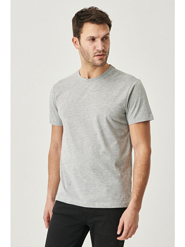 AC&Co / Altınyıldız Classics Erkek Gri Melanj Slim Fit Dar Kesim %100 Pamuk Bisiklet Yaka Kısa Kollu Tişört