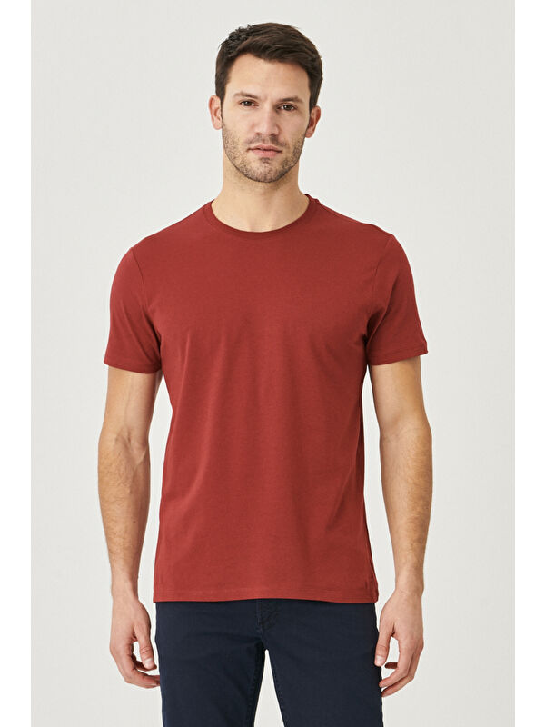 AC&Co / Altınyıldız Classics Erkek Bordo Slim Fit Dar Kesim %100 Pamuk Bisiklet Yaka Kısa Kollu Tişört