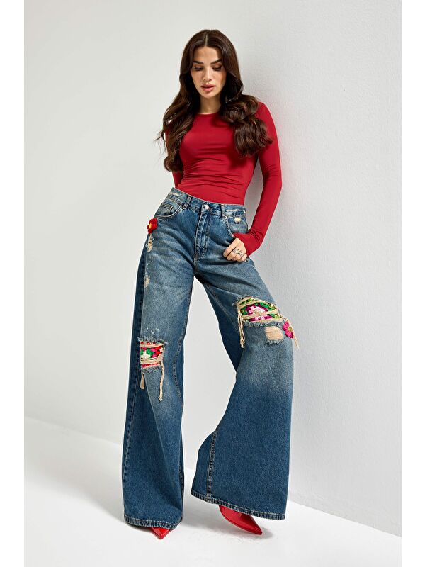It's Basic Kadın Jean Rengi Etnik Desenli Palazzo Fit Tasarım Denim
