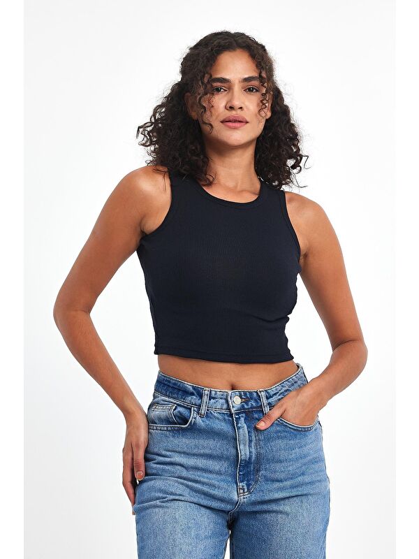 Mmetalic Kadın Lacivert Fitilli Görünümlü Askılı Kalın Esnek Örme Basic Crop Atlet Bluz