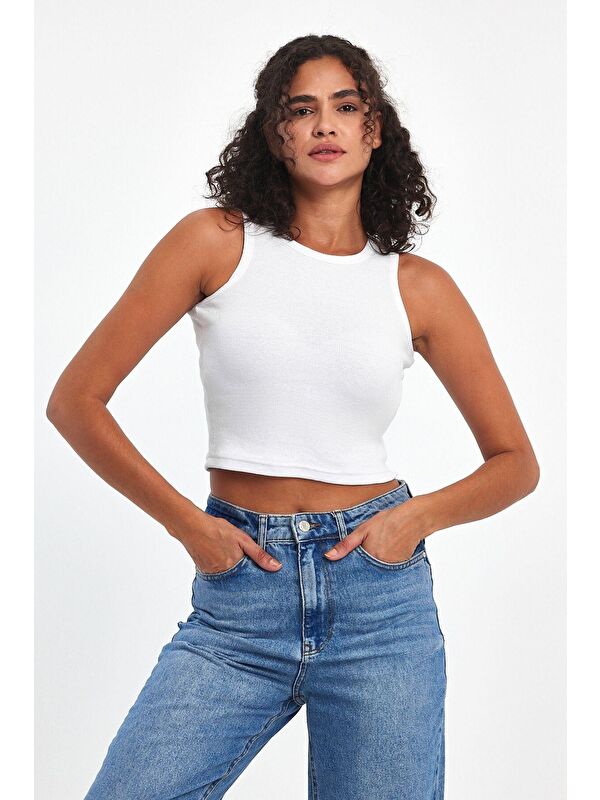 Mmetalic Kadın Beyaz Fitilli Görünümlü Askılı Kalın Esnek Örme Basic Crop Atlet Bluz