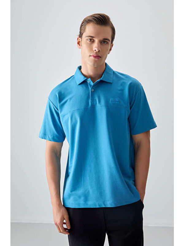 Air Jones Petrol Mavi Pamuklu Kalın Yumuşak Dokulu Polo Yaka Oversize Fit Basic Erkek Tişört- 88382