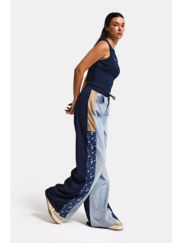 It's Basic Kadın Jean Rengi Kumaş Denim Parçalı Bol Kesim Tasarım Denim Pantolon