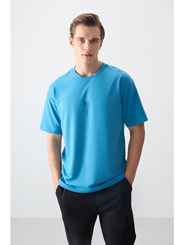 Air Jones Petrol Mavi Pamuklu Kalın Yumuşak Dokulu Oversize Fit Baskılı Erkek Tişört - 88373