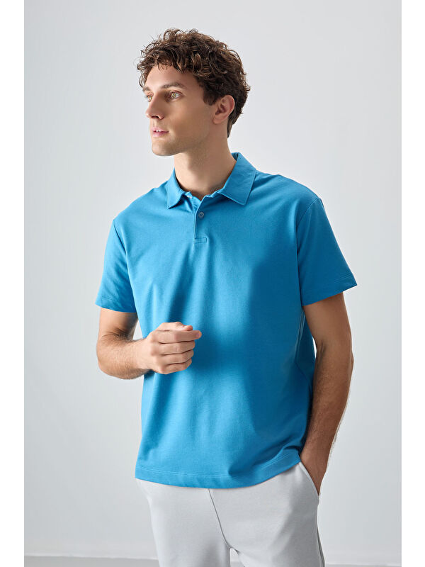 Air Jones Petrol Mavi Pamuklu Kalın Yumuşak Dokulu Polo Yaka Oversize Fit Basic Erkek Tişört- 88381