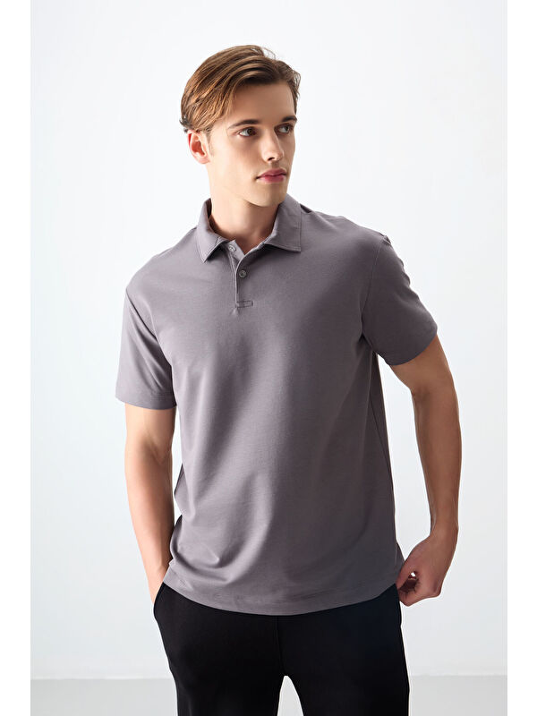 Air Jones Koyu Gri Pamuklu Kalın Yumuşak Dokulu Polo Yaka Oversize Fit Basic Erkek Tişört- 88381