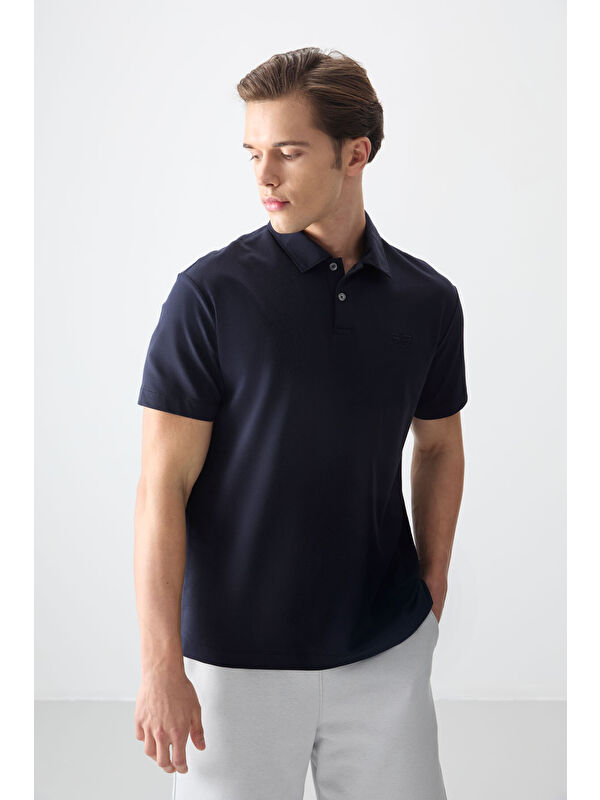 Air Jones Lacivert Pamuklu Kalın Yumuşak Dokulu Polo Yaka Oversize Fit Basic Erkek Tişört- 88381