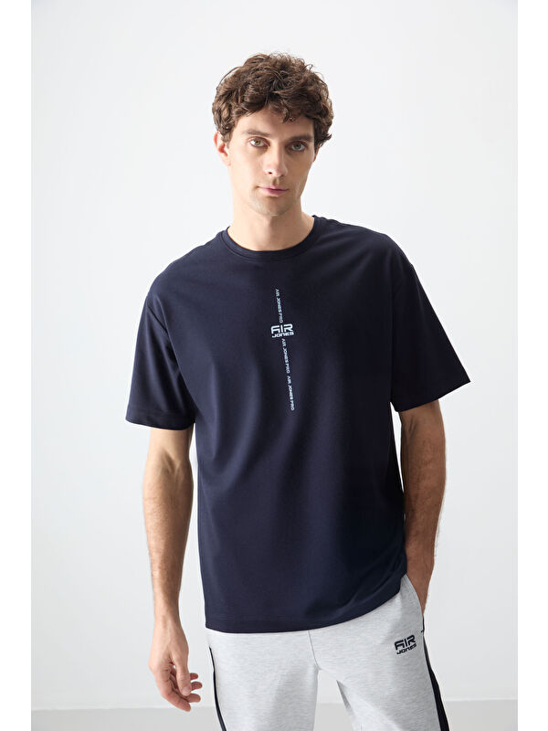 Air Jones Lacivert Pamuklu Kalın Yumuşak Dokulu Oversize Fit Baskılı Erkek Tişört - 88373