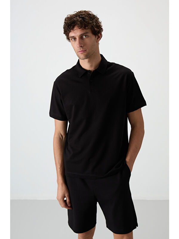 Air Jones Siyah Pamuklu Kalın Yumuşak Dokulu Polo Yaka Oversize Fit Basic Erkek Tişört- 88381