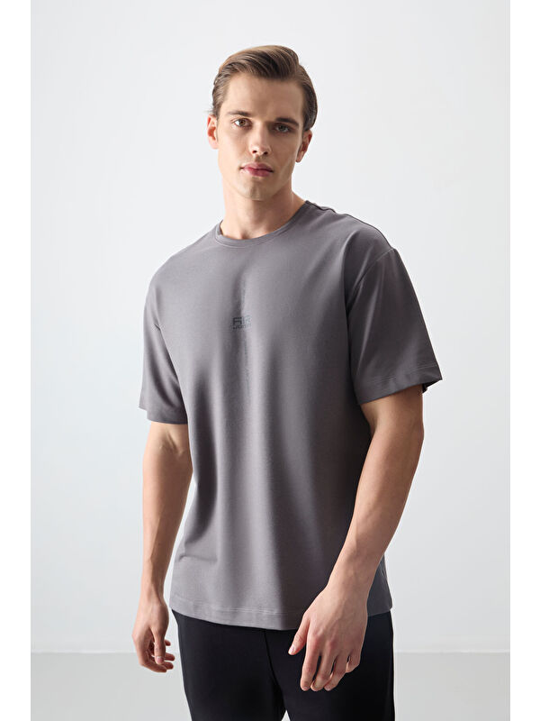Air Jones Koyu Gri Pamuklu Kalın Yumuşak Dokulu Oversize Fit Baskılı Erkek Tişört - 88373