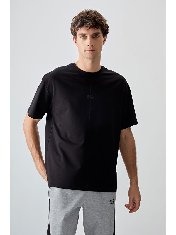 Air Jones Siyah Pamuklu Kalın Yumuşak Dokulu Oversize Fit Baskılı Erkek Tişört - 88373