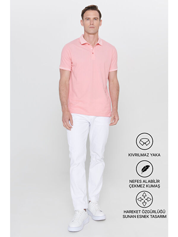 AC&Co / Altınyıldız Classics Erkek Pembe Beyaz Slim Fit Dar Kesim Kıvrılmaz Polo Yaka Kısa Kollu Tişört