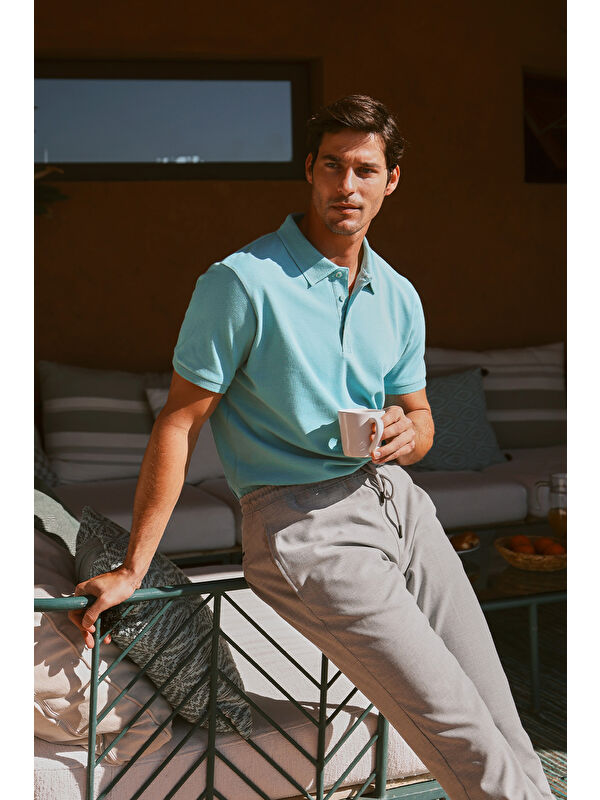 AC&Co / Altınyıldız Classics Erkek Petrol Slim Fit Dar Kesim Polo Yaka %100 Pamuk Kısa Kollu Tişört