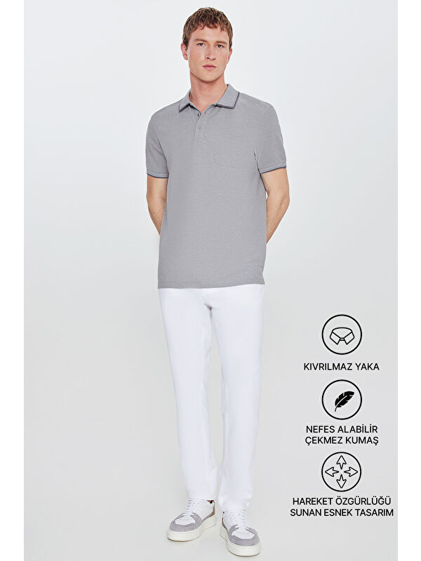 AC&Co / Altınyıldız Classics Erkek Gri Pamuklu Comfort Fit Rahat Kesim Polo Yaka Cepli Tişört