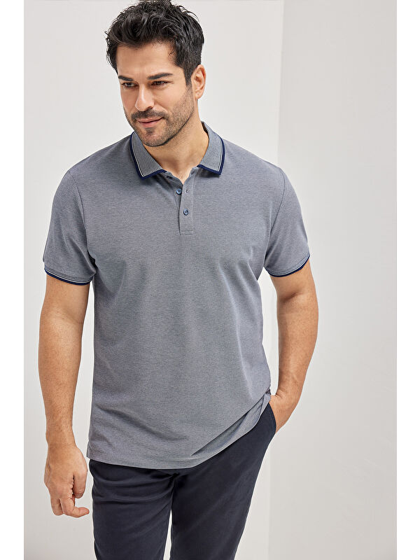 AC&Co / Altınyıldız Classics Erkek Lacivert Slim Fit Dar Kesim Kıvrılmaz Polo Yaka Kısa Kollu Tişört