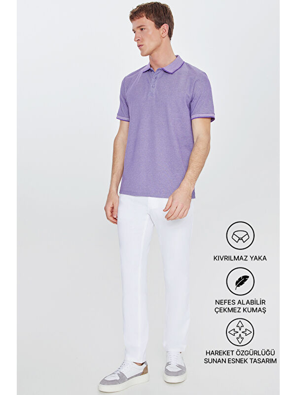 AC&Co / Altınyıldız Classics Erkek Mor-Beyaz Slim Fit Dar Kesim Kıvrılmaz Polo Yaka Kısa Kollu Tişört