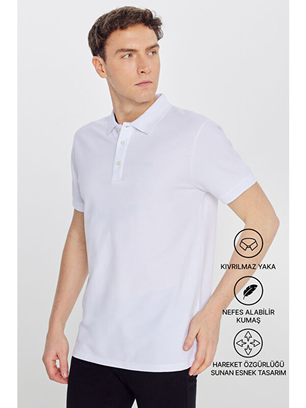 AC&Co / Altınyıldız Classics Erkek Beyaz Slim Fit Dar Kesim Polo Yaka %100 Pamuk Kısa Kollu Tişört