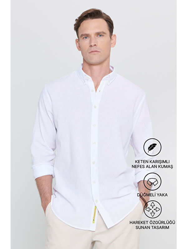 AC&Co / Altınyıldız Classics Erkek Beyaz Comfort Fit Rahat Kesim Düğmeli Yaka Casual Keten Gömlek