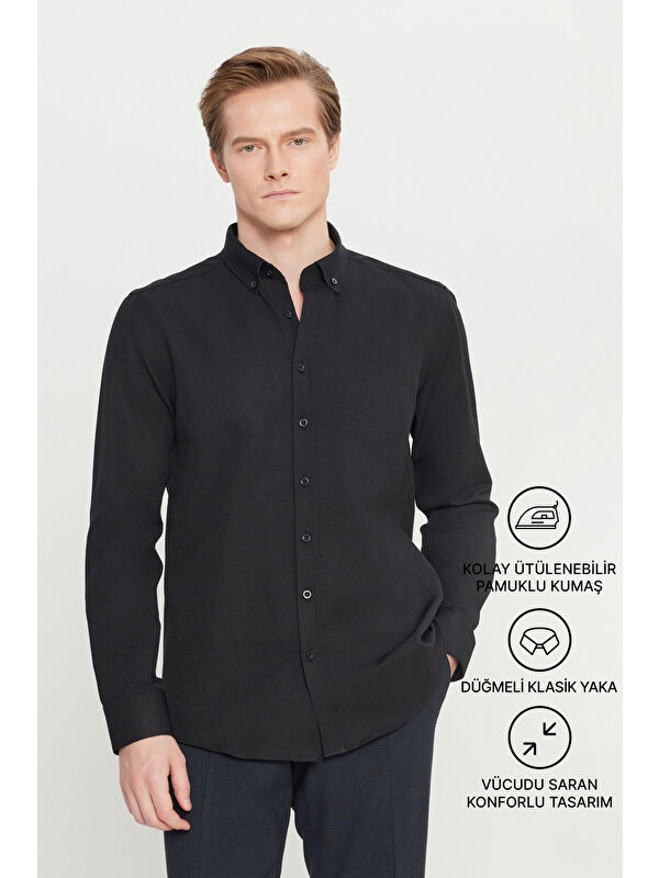 AC&Co / Altınyıldız Classics Erkek Siyah Tailored Slim Fit Dar Kesim Düğmeli Yaka Oxford Gömlek