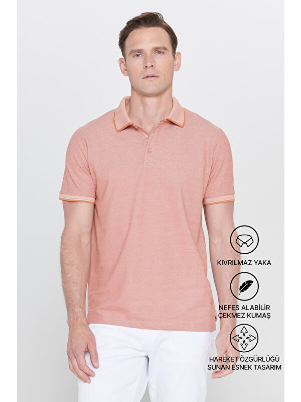 AC&Co / Altınyıldız Classics Erkek Kiremit-Bej Slim Fit Dar Kesim Kıvrılmaz Polo Yaka Kısa Kollu Tişört