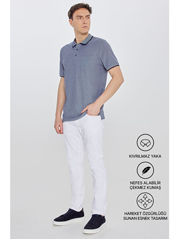 AC&Co / Altınyıldız Classics Erkek Lacivert Pamuklu Comfort Fit Rahat Kesim Polo Yaka Cepli Tişört