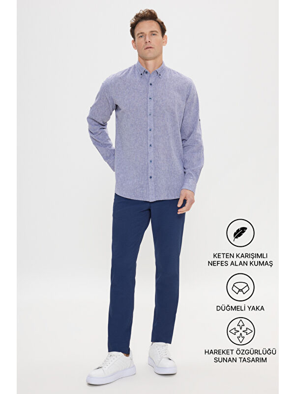 AC&Co / Altınyıldız Classics Erkek Lacivert Comfort Fit Rahat Kesim Düğmeli Yaka Casual Keten Gömlek