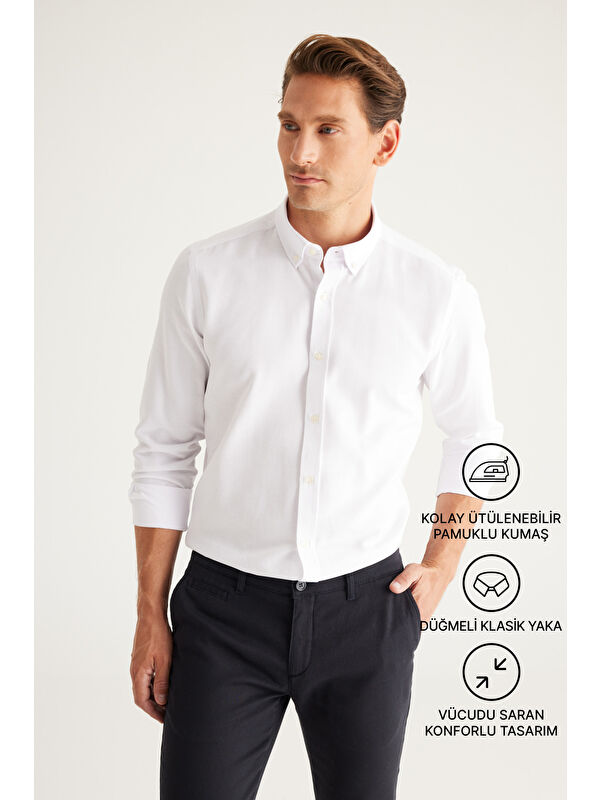 AC&Co / Altınyıldız Classics Erkek Beyaz Tailored Slim Fit Dar Kesim Düğmeli Yaka Oxford Gömlek