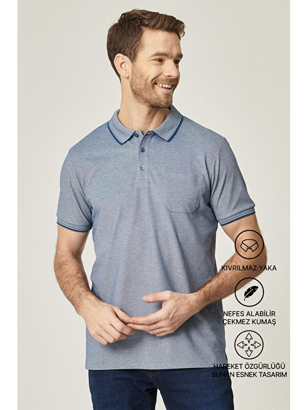 AC&Co / Altınyıldız Classics Erkek İndigo-Beyaz Pamuklu Comfort Fit Rahat Kesim Polo Yaka Cepli Tişört