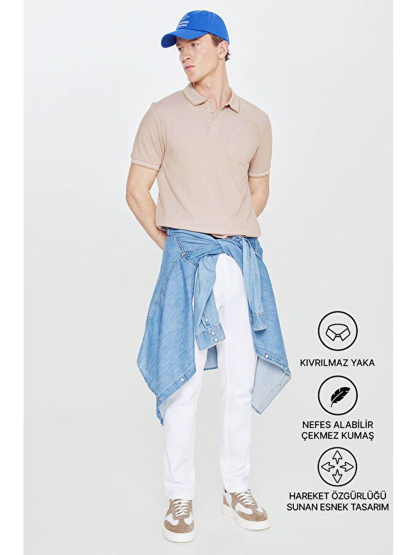 AC&Co / Altınyıldız Classics Erkek Vizon Pamuklu Comfort Fit Rahat Kesim Polo Yaka Cepli Tişört