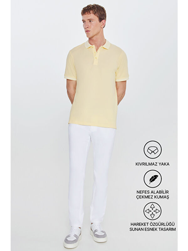 AC&Co / Altınyıldız Classics Erkek Sarı-Beyaz Slim Fit Dar Kesim Kıvrılmaz Polo Yaka Kısa Kollu Tişört