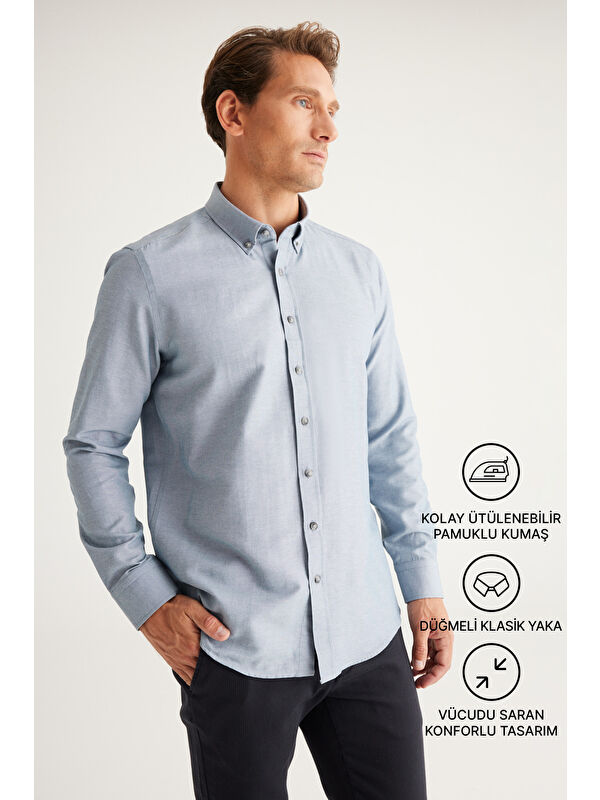 AC&Co / Altınyıldız Classics Erkek Gri Tailored Slim Fit Dar Kesim Düğmeli Yaka Oxford Gömlek