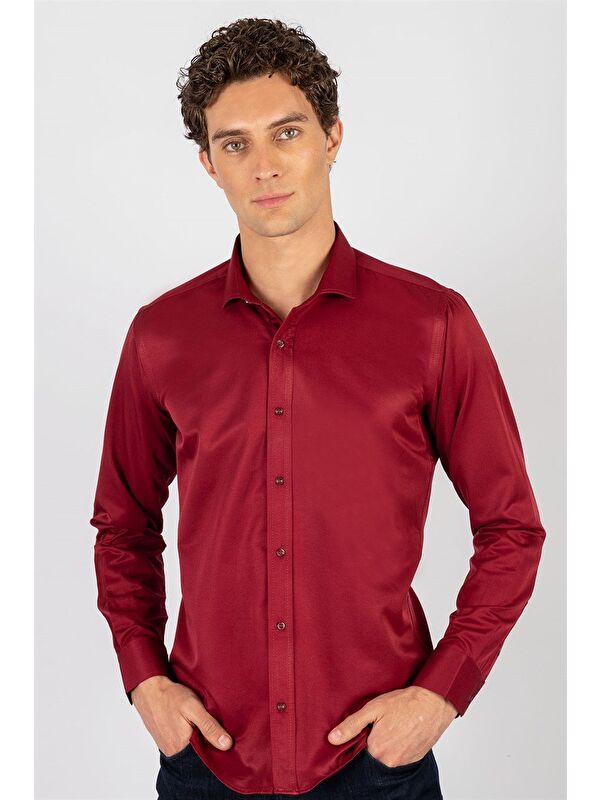 TUDORS Modern Slim Fit Uzun Kollu Düz Saten Pamuklu Erkek Bordo Gömlek