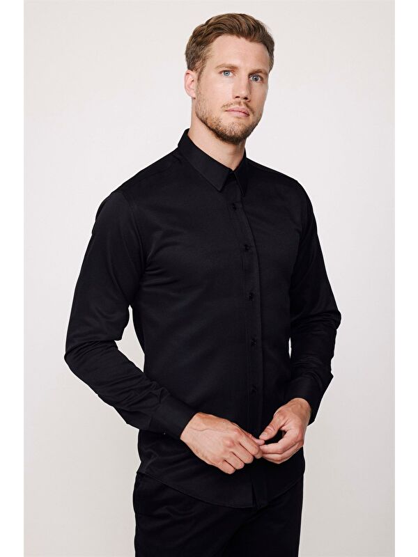 TUDORS Modern Slim Fit Uzun Kollu Pamuklu Kolay Ütü Armürlü Erkek Siyah Gömlek