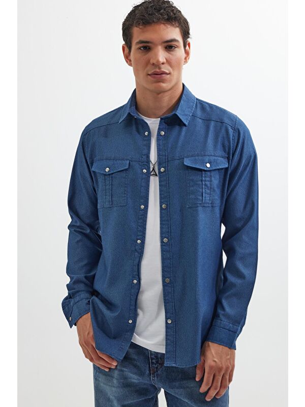 TUDORS Slim Fit Uzun Kollu Spor Yaka Yıkamalı Çift Cepli Armürlü Denim Jean İndigo Erkek Gömlek