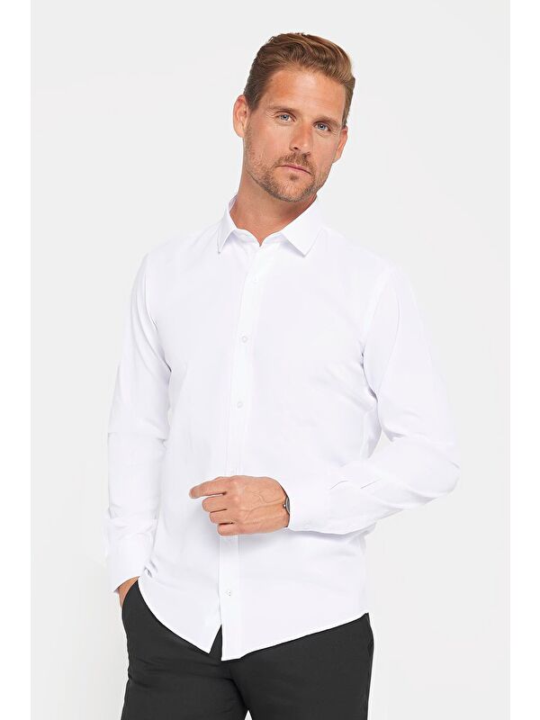 TUDORS Erkek Modern Slim Fit Pamuklu Düz Beyaz Gömlek