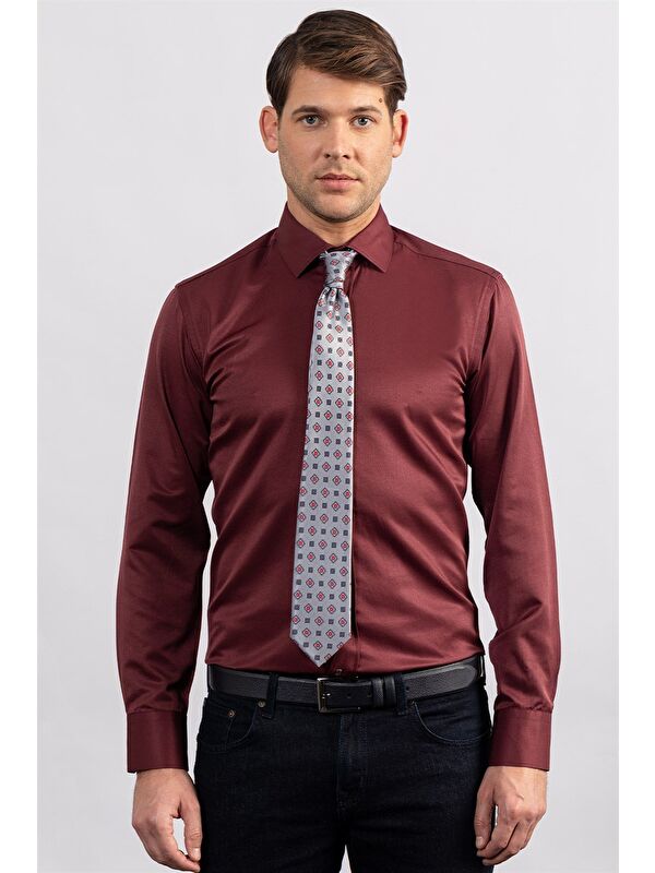 TUDORS Erkek Modern Slim Fit Düz Saten Pamuklu Bordo Gömlek