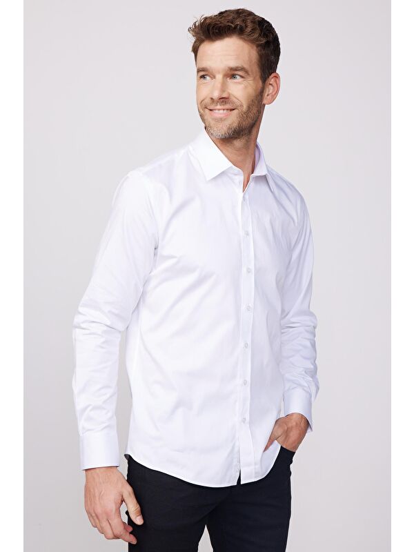 TUDORS Modern Slim Fit Uzun Kollu Pamuk Saten Premium Seri Erkek Beyaz Gömlek