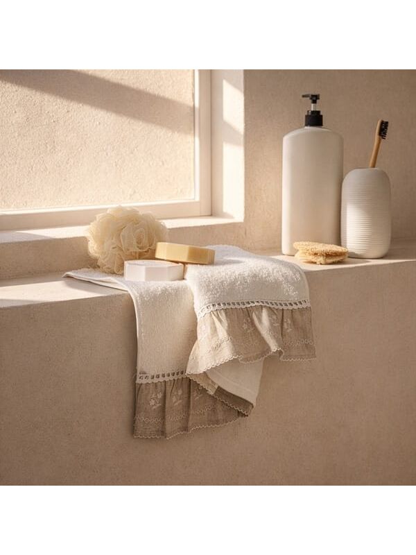 Evidea Soft French Cottage Twin Çiçek Desenli Yüz Havlusu - Ekru - 50x90 cm
