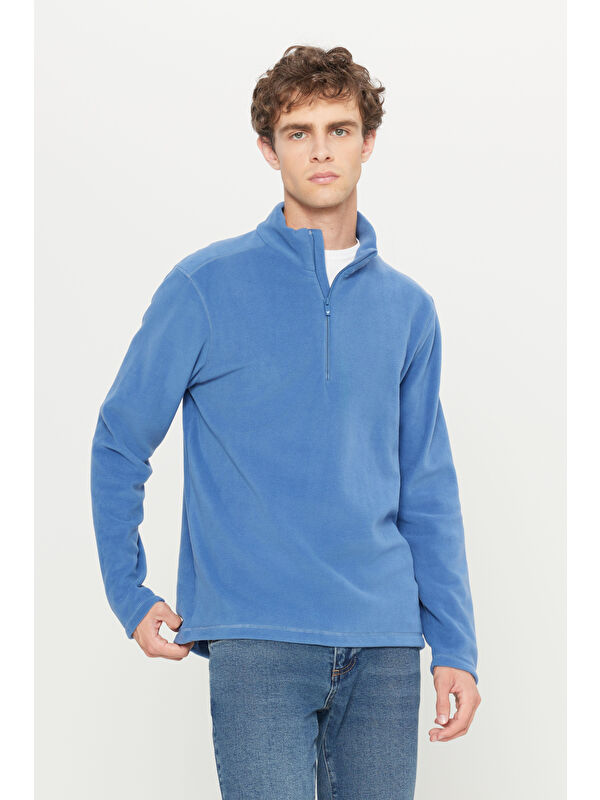 AC&Co / Altınyıldız Classics Erkek İndigo Anti-Pilling Tüylenme Yapmayan Standart Fit Dik Yaka Polar Sweatshirt