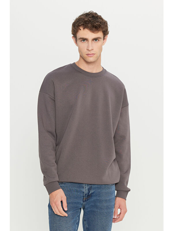 AC&Co / Altınyıldız Classics Erkek Koyu Gri Oversize Fit Bol Kesim Pamuklu İçi Polarlı Bisiklet Yaka Sweatshirt