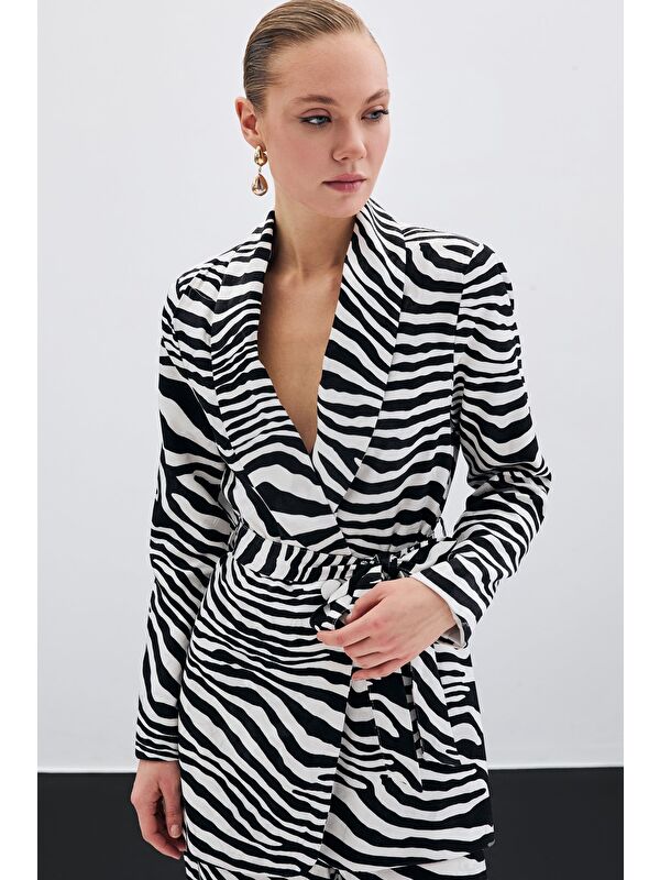 SATEEN Kuşaklı Zebra Ceket - Siyah