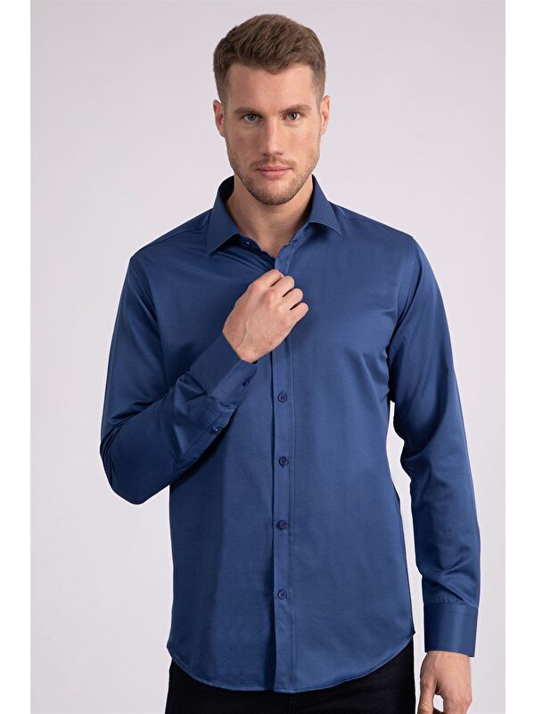 TUDORS Erkek Modern Slim Fit Düz Saten Pamuklu İndigo Gömlek