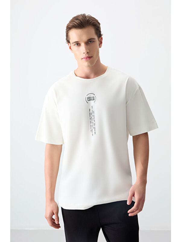 Air Jones Ekru %100 Pamuk Kalın Yumuşak Dokulu Oversize Fit Baskılı Erkek Tişört - 88355