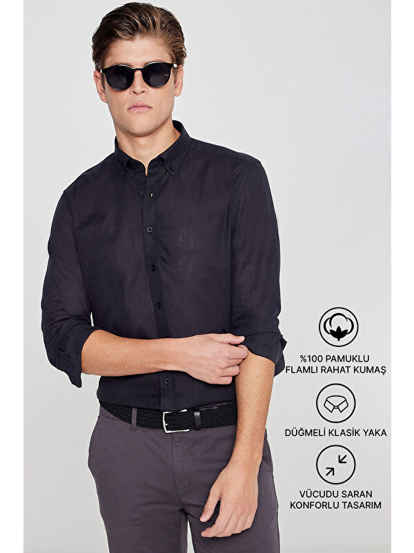 AC&Co / Altınyıldız Classics Erkek Siyah %100 Pamuk Oxford Slim Fit Dar Kesim Düğmeli Yaka Flamlı Gömlek